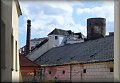 Čáp na komíně býv. zámeckého pivovaru, v pozadí Gotický palác a Černá věž